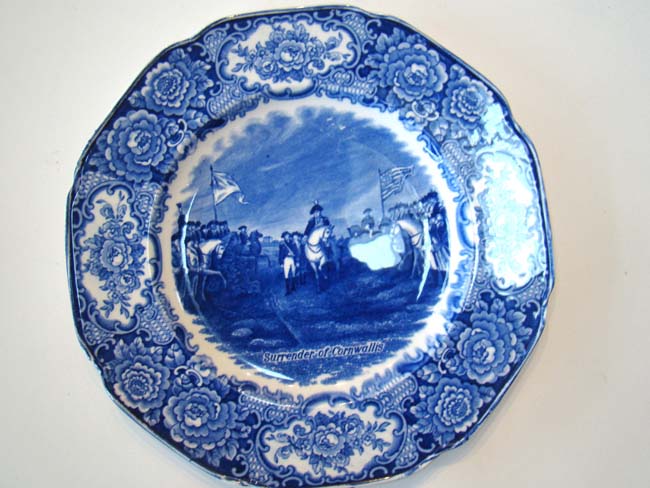 "Surrender of Cornwallis" marking the end of the Revolutionary War. Souvenir plate made by Crown Ducal in 1932.
